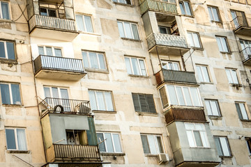 Old multistory residential building. Block of flats built in Soviet period. 