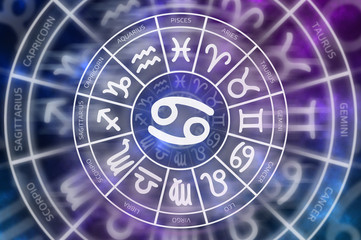Zodiac Cancer symbol inside of horoscope circle