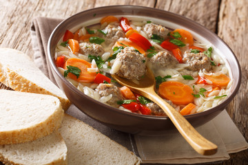 Traditional Italian soup with orzo pasta, chicken meatballs and vegetables closeup in a plate. horizontal