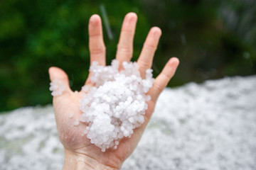 Fototapeta na wymiar Holding freezing granulated hail ice crystals, grains in hands after strong hailstorm in autumn, fall. First snow in early winter. Cold weather. 