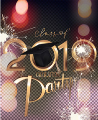 Graduation party 2019 invitation card with bokeh background and sparklers. Vector illustration