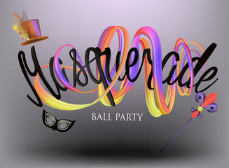 Masquerade ball party invitation card with levitating carnival objects and lettering. Vector illustration