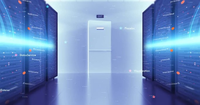 Modern Server Room Environment. Computer Racks All Around With Motion Graphics. Technology Related 4K Cg Animation. Seamless Loop.