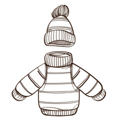 Vector monochrome children's sweater and hat. Illustration isolated on white background