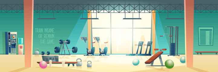 City sport club empty interior cartoon vector. Various fitness equipment and machines for body workout and exercises with weights in spacious gym illustration. Active and healthy lifestyle background
