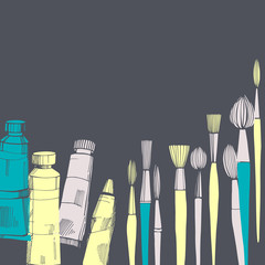 Vector background with artistic paintbrushes and paints. Sketch  illustration.