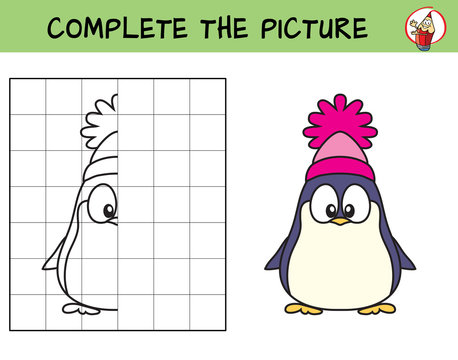 Complete the picture of a funny penguin. Copy the picture. Coloring book. Educational game for children. Cartoon vector illustration