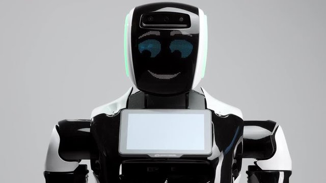 portrait of a modern robot with an electronic face. Modern Robotic Technologies. the robot is looking at the camera.