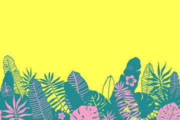 Seamless horizontal border pattern. Vector silhouette of tropical plants pink and blue on yellow