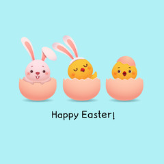 Happy Easter greeting card with a rabbit and chicks inside Easter egg