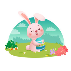 Vector illustration of a rabbit holding an Easter egg on the field