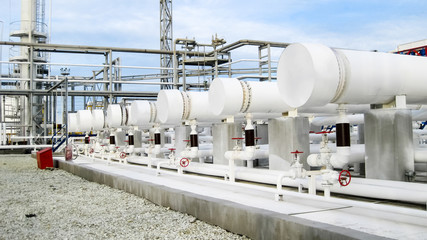 Heat exchangers in a refinery. The equipment for oil refining