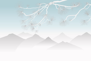 abstract vector of japanese pine brance and lanscape of mountain range in grey tone