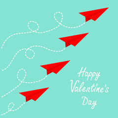 Happy Valentines Day. Red origami paper plane set . Dash line loop in the sky. Word Love. Greeting card. Flat design. Blue background. Isolated.
