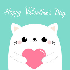 Fototapeta premium Happy Valentines Day. White cat kitten head face holding pink paper heart. Cute cartoon kawaii funny baby kitty animal character. Love card. Flat design. Blue background. Isolated.