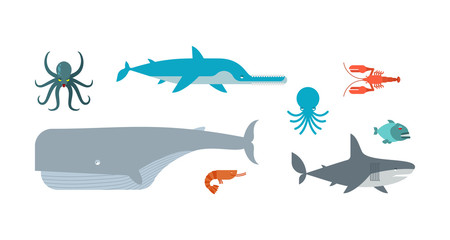 Underwater animals set. Fish saw and shark. Whale and octopus. 