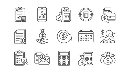 Accounting line icons. Report, Calculator and Checklist. Money linear icon set.  Vector