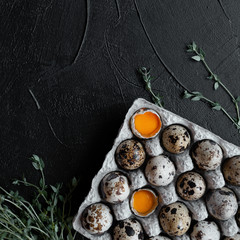 Fototapeta na wymiar quail eggs with olive oil and spices on dark background.Top view.