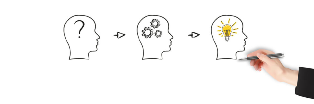 Gesichter mit Fragezeichen Zahnr&auml;dern und Gl&uuml;hbirne - Innovation Idee Strategie Teamwork