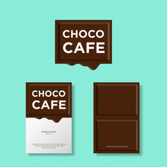 Melted chocolate piece with letters. Logo for cafe or pastry. Composition with chocolate drop, isolated on mintcolor background. Identity, business card.