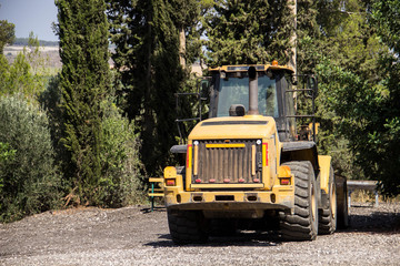 Orange tractor stands in the shadow of shrubs and trees