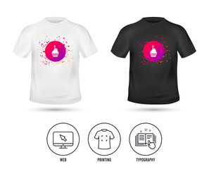 T-shirt mock up template. Birthday cake sign icon. Cupcake with burning candle symbol. Realistic shirt mockup design. Printing, typography icon. Vector