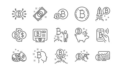 Bitcoin line icons. Blockchain, Crypto ICO and Cryptocurrency. Mining linear icon set.  Vector