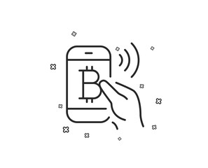 Bitcoin mobile pay line icon. Cryptocurrency sign. Crypto money symbol. Geometric shapes. Random cross elements. Linear Bitcoin pay icon design. Vector