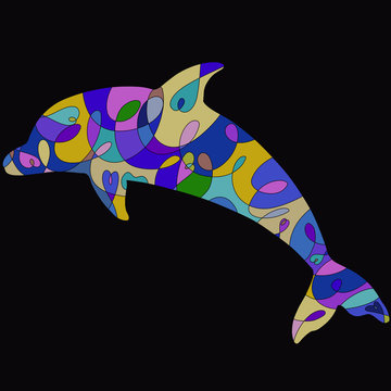 dolphin with colorful intricate pattern on black background