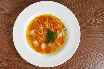 soup with chicken, pasta, sliced carrots, onions, decorated with dill