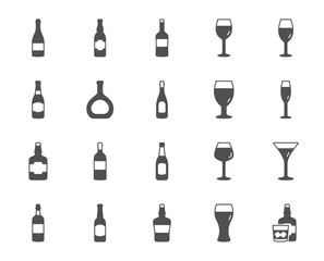 Wine bottle icons. Set of Craft beer, Whiskey and Wine glass icons. Champagne bottle, Alcohol drink and Scotch with ice. Wineglass, Beer glass and Restaurant goblet signs. Beverage drink. Vector