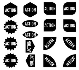 Action sticker set. Black promotion labels. Modern vector flat style illustration isolated on white background. Black promotion labels for new arrivals shop section.