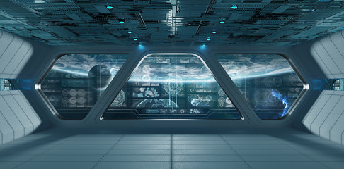 Blue spaceship interior with control panel screens 3D rendering © sdecoret
