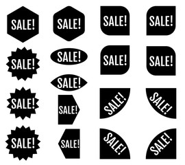 Sale sticker set. Black promotion labels. Modern vector flat style illustration isolated on white background. Black promotion labels for new arrivals shop section.