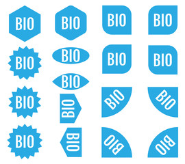 BIO sticker set. Blue promotion labels. Modern vector flat style illustration isolated on white background. Blue promotion labels for new arrivals shop section.