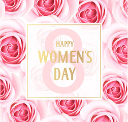 Happy Women's Day. 8 march design template. Holiday background with decorative pink roses and greeting text. Vector illustration