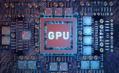 Close-up view of a modern GPU card with circuit 3D rendering