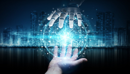 Robot hand and human hand touching digital sphere network on dark background 3D rendering
