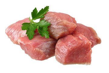 pieces of raw beef meat isolated on white background