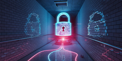 Underground cyber security hologram with digital padlock 3D rendering - obrazy, fototapety, plakaty
