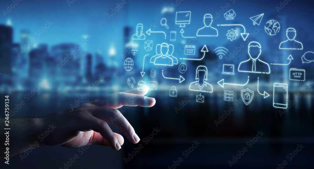 Poster businessman using thin line social network icons interface