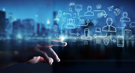 Businessman using thin line social network icons interface