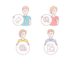 People hand drawn style. Set of International recruitment, Currency audit and Share icons. Strategy sign. World business, Money chart, Link. Puzzle.  Character hold circle button. Man with like hand
