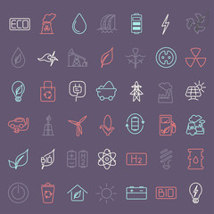 Collection of linear style vector icons  on the theme of electric power. Renewable and non-renewable resources