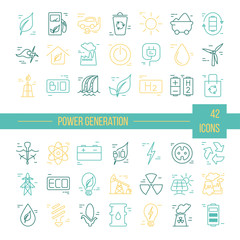 Collection of linear style vector icons  on the theme of electric power. Renewable and non-renewable resources