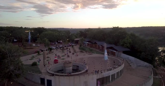Beautiful view of the obelisk at Argentine side of the Triple Frontier at sunset. Puerto Iguazu. Argentina. Aerial view travelling