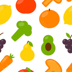 Seamless pattern with food icons in flat style. Vector colorful illustration.