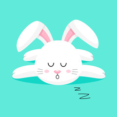 Cute cartoon character, white bunny sleeping. Illustration isolated on blue background.