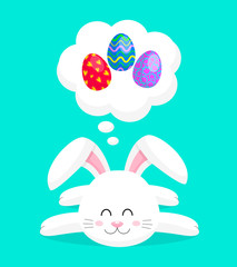 Cute bunny sleep and dreams to Easter eggs. cartoon character. Happy Easter day. Illustration isolated on blue background.