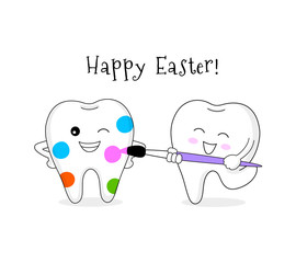Fototapeta premium Cute cartoon tooth painted by paintbrush. Happy Easter Day concept. Illustration isolated on white background.